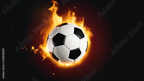 Soccer ball in flames, intense visual, dark background, dynamic contrast photo