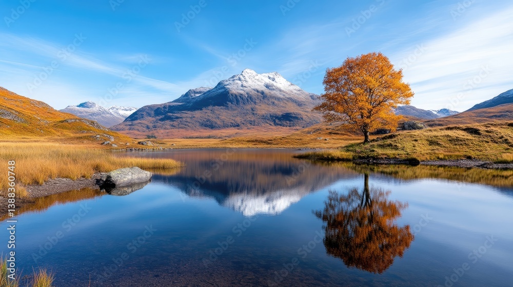 Obraz premium A solitary tree with vibrant autumn foliage reflecting in a serene mountain lake, snow-capped peaks in the background, clear blue sky, and nature tranquility concept.