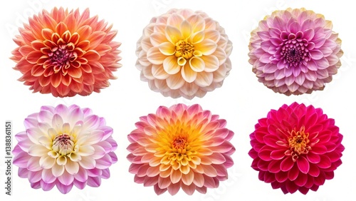 A collection of six colorful dahlia flowers arranged in two rows on a white background studio shot created with generated ai