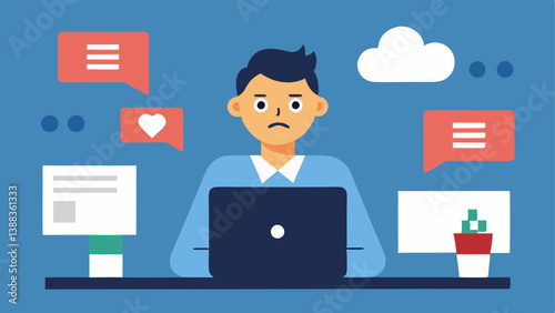 Crisis Management A professional looking at a computer screen with a worried expression surrounded by social media alerts that depict negative comments or a crisis.