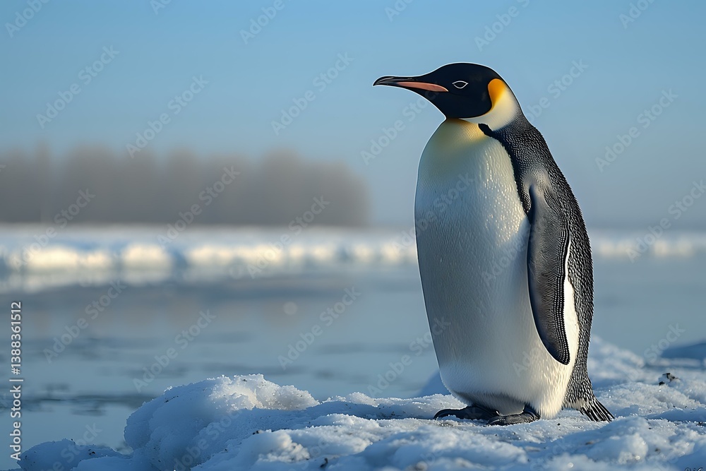 Fototapeta premium Emperor penguin standing majestically on snow-covered ice against blurred Antarctic landscape background with soft morning light creating peaceful winter scene.