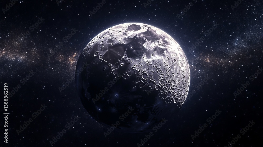 Fototapeta premium A detailed view of the moon with visible craters and a starry background in outer space view