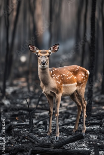 Animal stand in burnt forest. Sad and moody. The aftermath of wild fire devastation.
