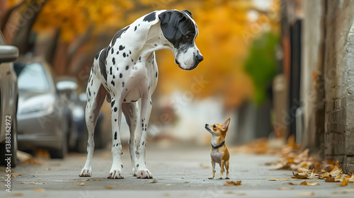 Size contrast: A large, spotted Great Dane stands next to a tiny chihuahua in a city street, showcasing a striking visual difference between the two dogs.