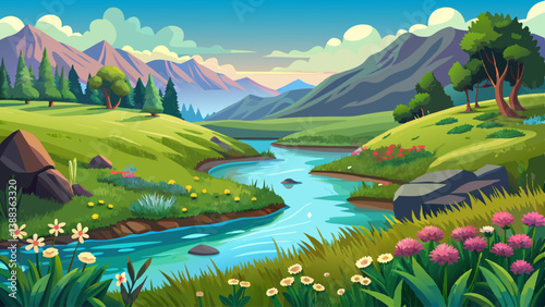 Lagoon nestled in green meadows, fed by a small stream and surrounded by wildflowers