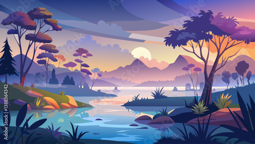 Tranquil lagoon landscape at dawn, with mist rising from the water and silhouettes of trees.