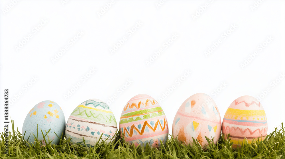 Fototapeta premium easter eggs on green grass isolated on white background with copy space