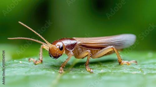 Close-up of a brown insect on a leaf.  A small, light brown insect, likely a katydid or similar orthopteran, is prominently featured on a vibrant green leaf.