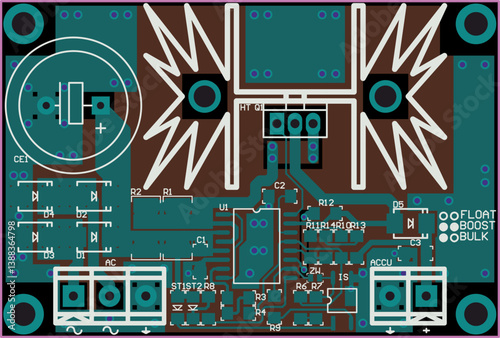 Vector printed circuit board of electronic 
device with components of radio elements, 
conductors and contact pads placed on pcb. Engineering technical educational drawing.
Computer technic cad design