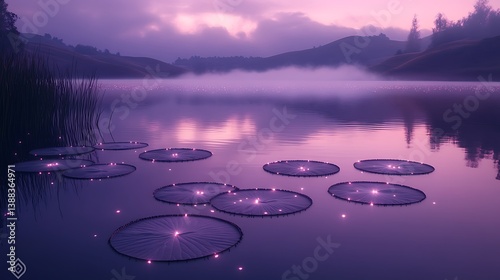 A still lake under a dreamy purple-hued sky, distant hills softened by mist, floating lily pads glowing with tiny bioluminescent lights,