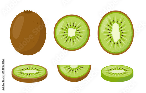Set of Kiwi icons. Whole and part of kiwi fruit. Organic tropical fruits for juice, smoothie or vitamin healthy food. Vector icons illustration isolated on white background.
