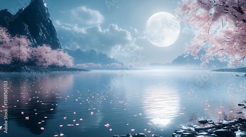 A still lake under the soft glow of a massive full moon, delicate cherry blossom petals floating on the water, gentle waves creating a soothing ripple effect,