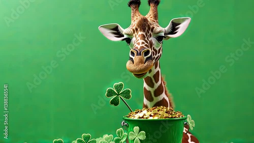 A cheerful giraffe stands before a pot brimming with gold coins and adorned with green clovers, celebrating a festive atmosphere filled with luck and joy.