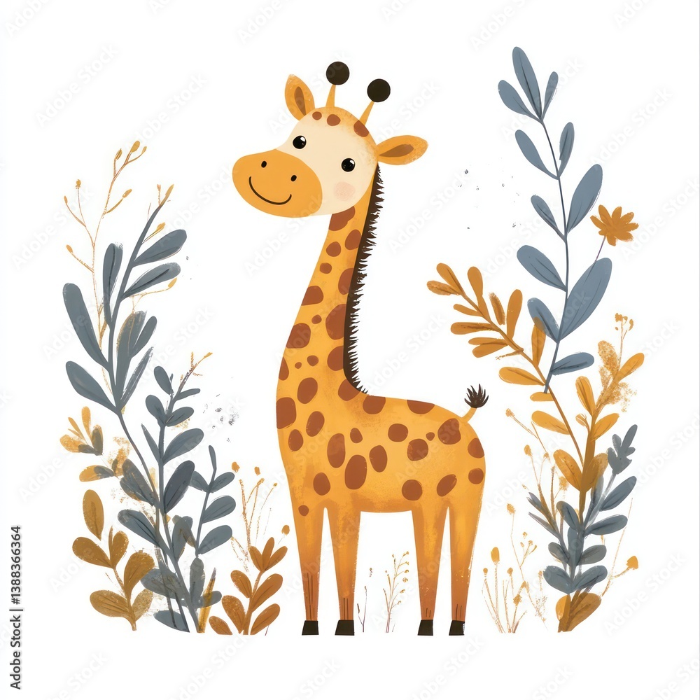 Fototapeta premium an adorable illustration of a friendly giraffe with a long neck standing in a field of plants and flowers. This heartwarming artwork has soft colors and a whimsical design.
