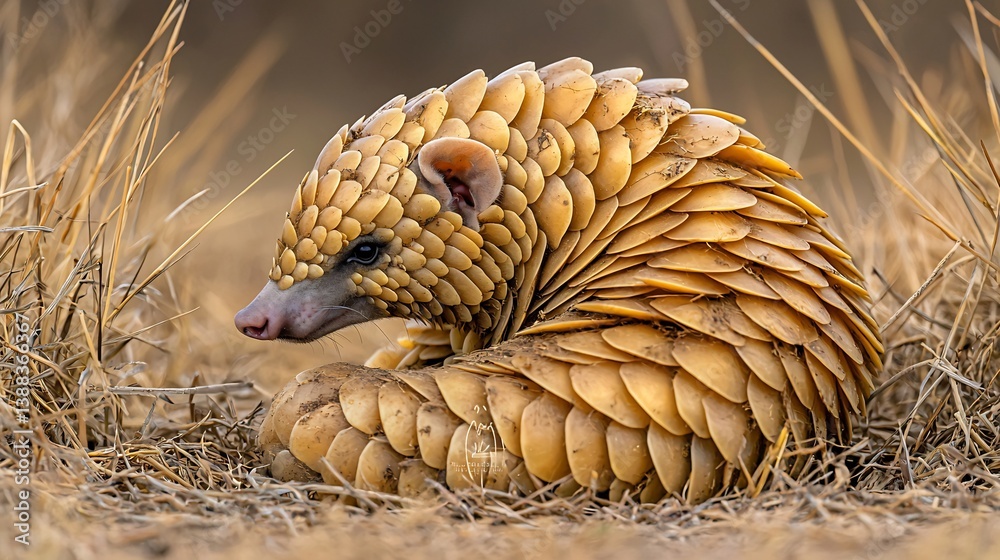 Obraz premium Pangolins golden scales focus curled in muted savannah grass armored vulnerability