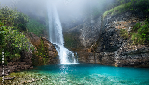 a misty waterfall cascading down rocky cliffs into a pool of crystal clear water crystal clear pool waterfall scenery misty veil scenic backdrop aquatic scene