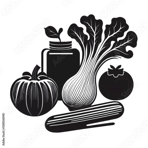 A black and white minimalist vector silhouette of Hydrated Fresh Vegetables