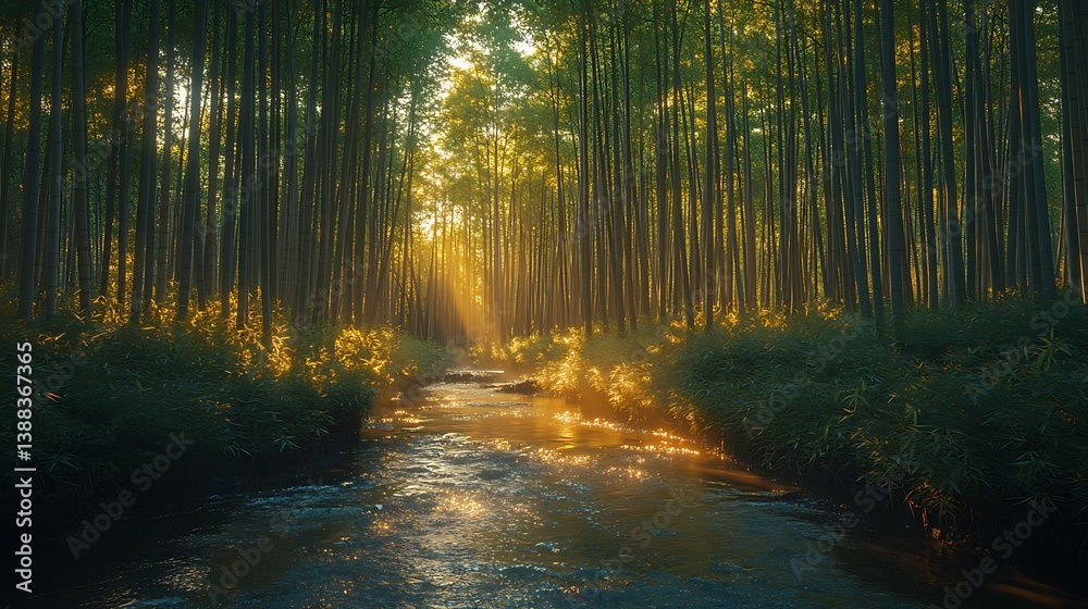 Fototapeta premium A tranquil bamboo forest with warm golden light filtering through the tall stalks, a small stream winding its way through the lush greenery, creating a peaceful ambiance,