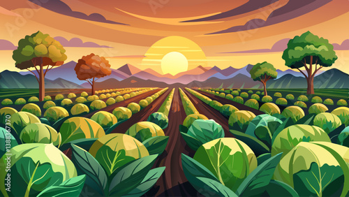 Cabbage plantations in the sunset light. Growing organic vegetables. Eco-friendly products. Agriculture and farming. Plantation cultivation. Selective