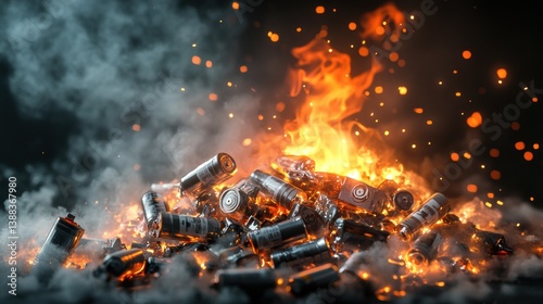 Used batteries on fire due to electric discharge short circuit. Electronic waste to be disposed.