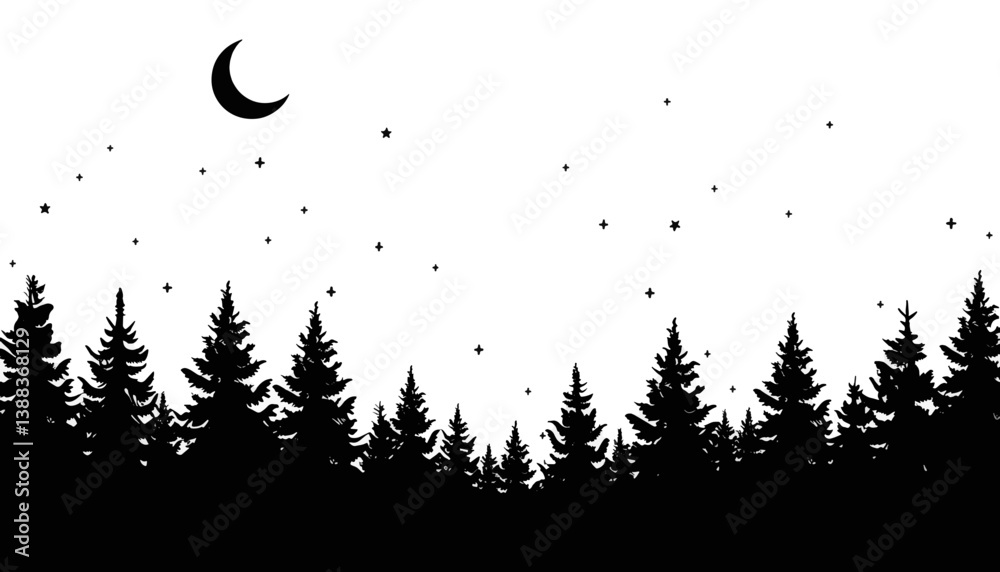 Silhouette of trees under twinkling stars and crescent moon, tranquility