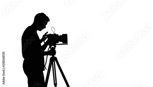 Silhouette of movie director adjusting camera on tripod, film creativity