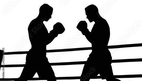Silhouette of two boxers facing off in ring, competition and strength