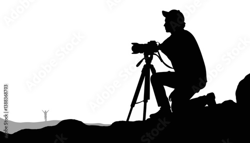 Photographer capturing sunset silhouette with tripod, creative passion