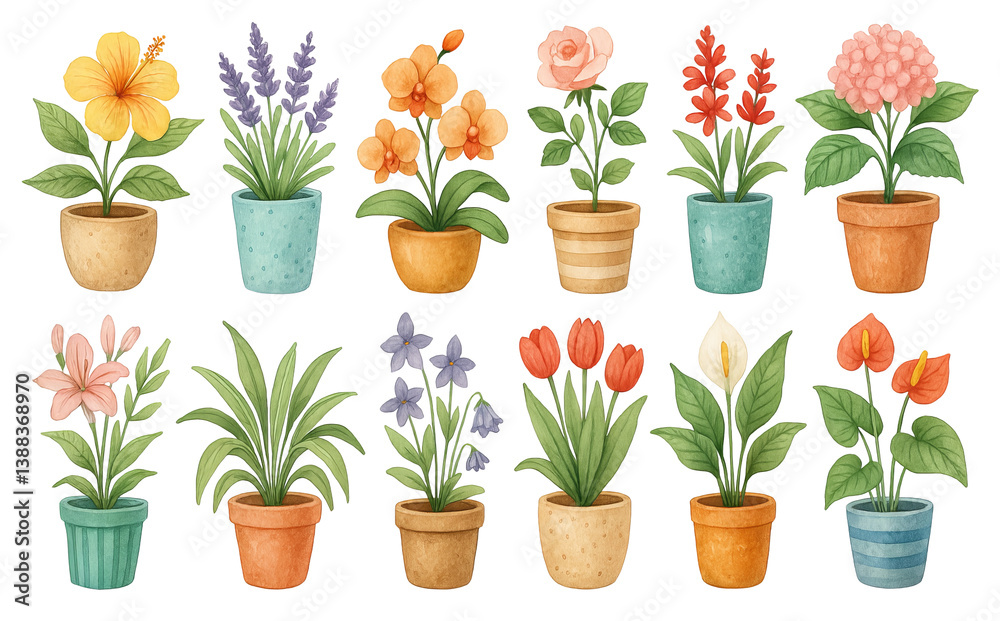 Fototapeta premium PNG watercolor potted flower set with hibiscus, orchids, roses, tulips, calla lilies, hydrangeas, and green plants isolated on transparent background. Clipart botanical elements, floral design assets