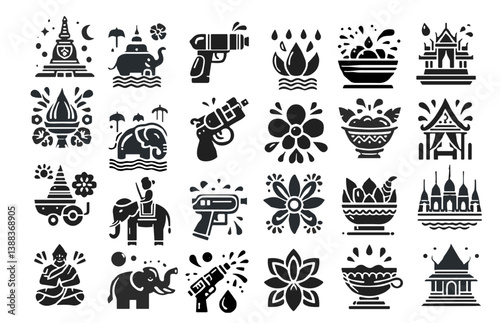 Traditional Thai Elements in Black and White Art Style for Songkran celebration icon set  