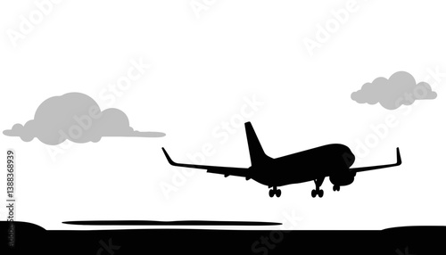 Airplane silhouetted in landing approach against clouds, flight symbolism