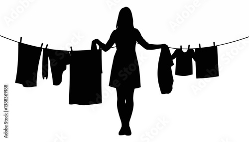 Woman hanging laundry in silhouette, domestic simplicity