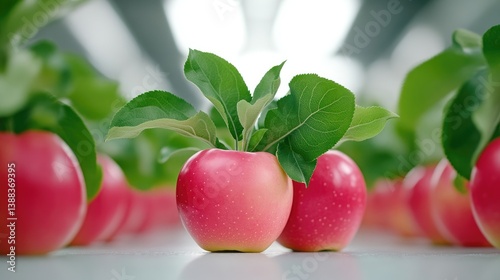 Two pink apples with vibrant green leaves sit center. Surrounding them are blurred apples, creating depth. High-quality image bright lighting enhances the apples color. The style is clean and natur photo