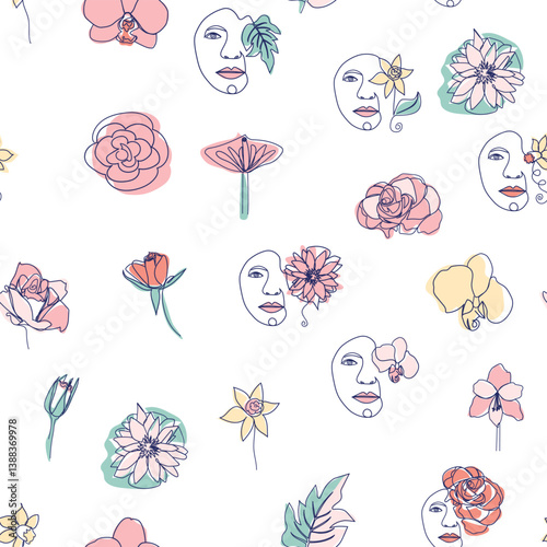Woman face Continuous line seamless pattern. Abstract Female portrait with flowers. Drawing vector Wallpaper, fabric, wrapping paper, card, poster