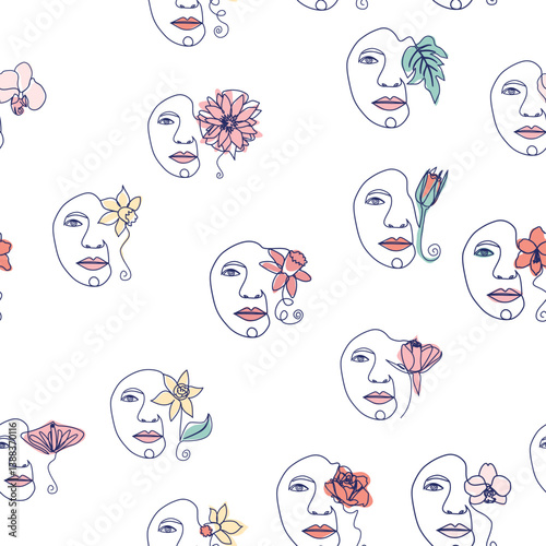 Woman face Continuous line seamless pattern. Abstract Female portrait with flowers. Drawing vector Wallpaper, fabric, wrapping paper, card, poster