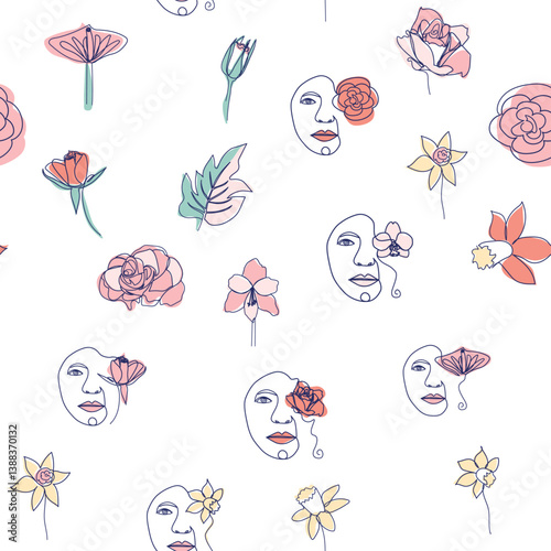 Woman face Continuous line seamless pattern. Abstract Female portrait with flowers. Drawing vector Wallpaper, fabric, wrapping paper, card, poster