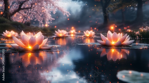 Fototapeta Naklejka Na Ścianę i Meble -  A tranquil Japanese-style garden at night, glowing lotus flowers floating on a mirror-like pond, surrounded by softly swaying cherry blossom trees,