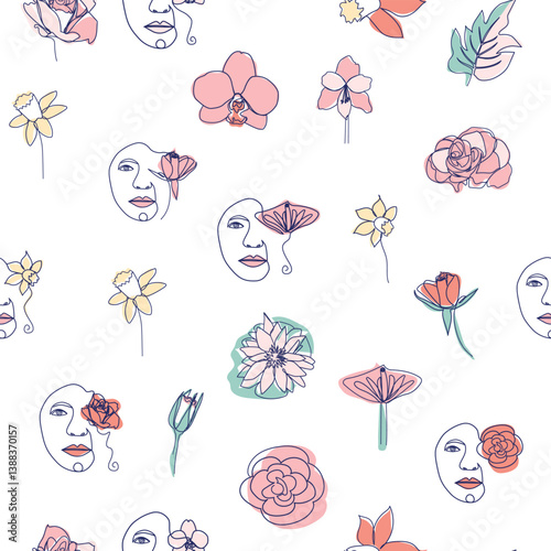 Woman face Continuous line seamless pattern. Abstract Female portrait with flowers. Drawing vector Wallpaper, fabric, wrapping paper, card, poster
