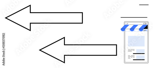 Two bold arrows directed at a mobile storefront interface suggest online shopping, e-commerce focus, or traffic redirection. Ideal for e-commerce, marketing, communication, strategy, technology