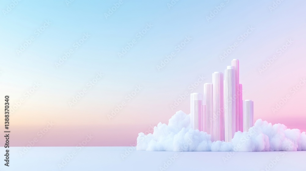 Fototapeta premium Pastel cityscape floating on a cloud. Soft, abstract, 3D rendered scene of columns rising on a fluffy white cloud, against a pastel sunrisesunset sky