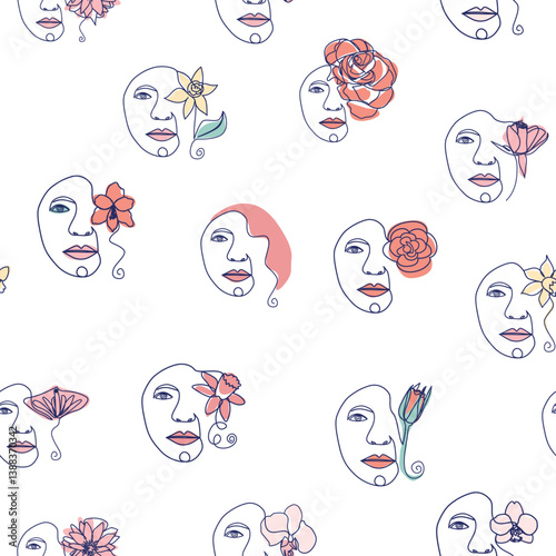 Woman face Continuous line seamless pattern. Abstract Female portrait with flowers. Drawing vector Wallpaper, fabric, wrapping paper, card, poster