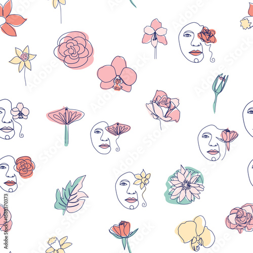 Woman face Continuous line seamless pattern. Abstract Female portrait with flowers. Drawing vector Wallpaper, fabric, wrapping paper, card, poster