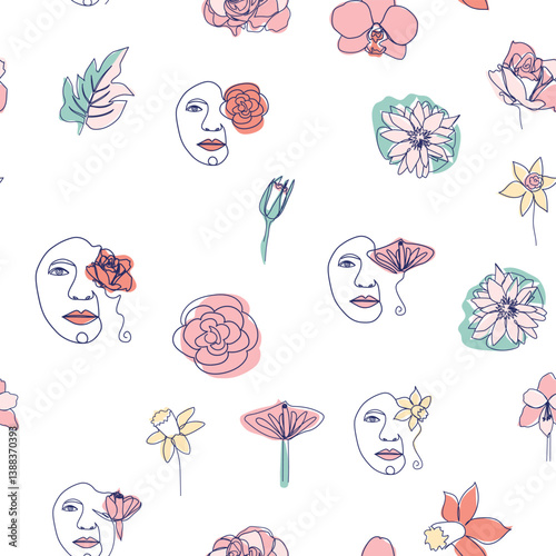 Woman face Continuous line seamless pattern. Abstract Female portrait with flowers. Drawing vector Wallpaper, fabric, wrapping paper, card, poster