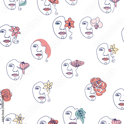 Woman face Continuous line seamless pattern. Abstract Female portrait with flowers. Drawing vector Wallpaper, fabric, wrapping paper, card, poster