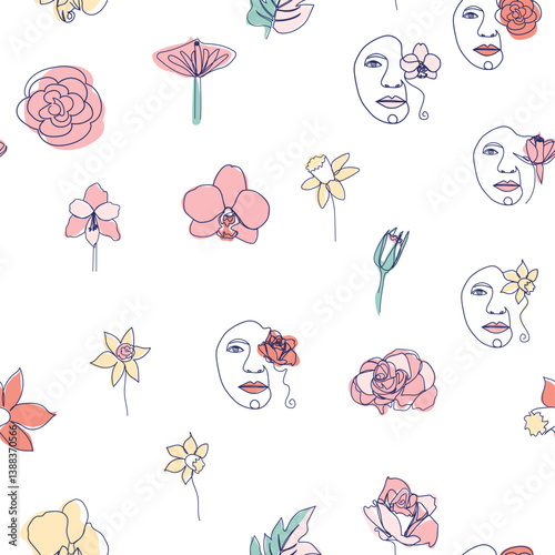 Woman face Continuous line seamless pattern. Abstract Female portrait with flowers. Drawing vector Wallpaper, fabric, wrapping paper, card, poster