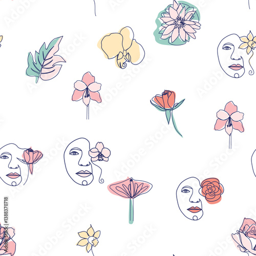 Woman face Continuous line seamless pattern. Abstract Female portrait with flowers. Drawing vector Wallpaper, fabric, wrapping paper, card, poster