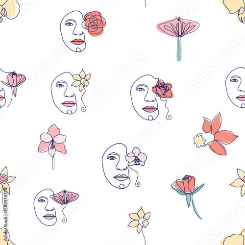 Woman face Continuous line seamless pattern. Abstract Female portrait with flowers. Drawing vector Wallpaper, fabric, wrapping paper, card, poster