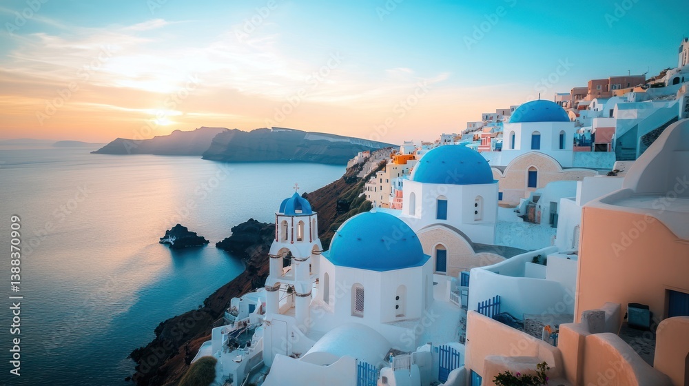 Obraz premium Exploring Santorini at Sunset White Buildings and Blue Domes Overlooking Sea