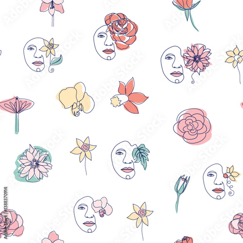 Woman face Continuous line seamless pattern. Abstract Female portrait with flowers. Drawing vector Wallpaper, fabric, wrapping paper, card, poster