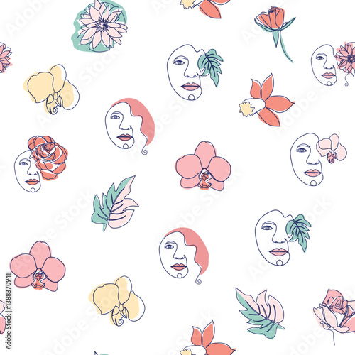 Woman face Continuous line seamless pattern. Abstract Female portrait with flowers. Drawing vector Wallpaper, fabric, wrapping paper, card, poster